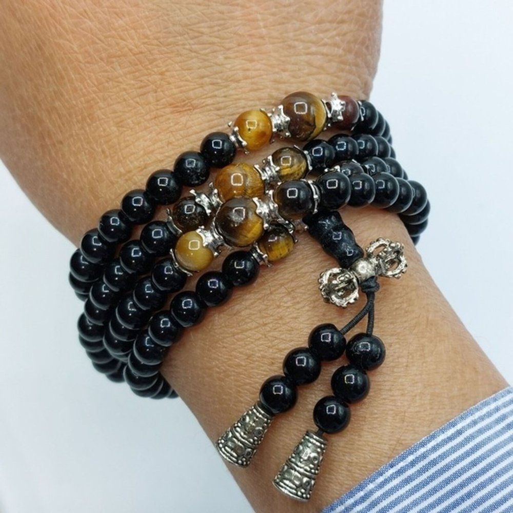 Beaded Bracelet or Necklace Black Beads on a stretchy cord with Charm